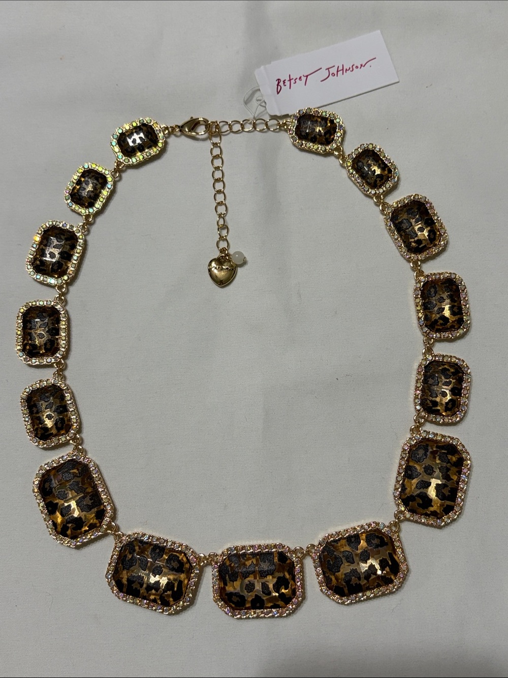 Betsey Johnson Leopard Print Statement Necklace Crystal Tile Goldtone Lucite NWT